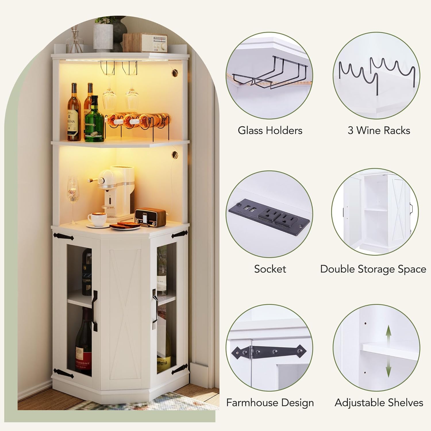 67.7" Corner Bar Cabinet, Modern Wine Bar Cabinet with Shelves for Dining Room, Living Room, Kitchen