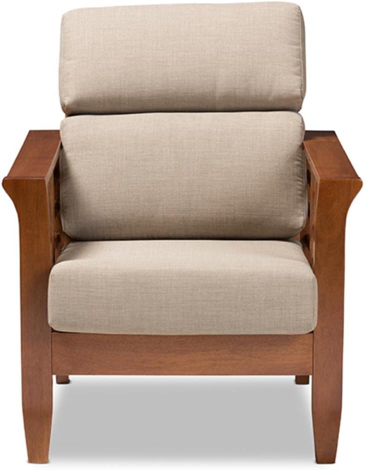 Baxton Studio Larissa Modern Classic Mission Style Cherry Finished Brown Wood and Dark Beige Fabric High Back Cushioned Living Room 1-Seater Lounge Chair