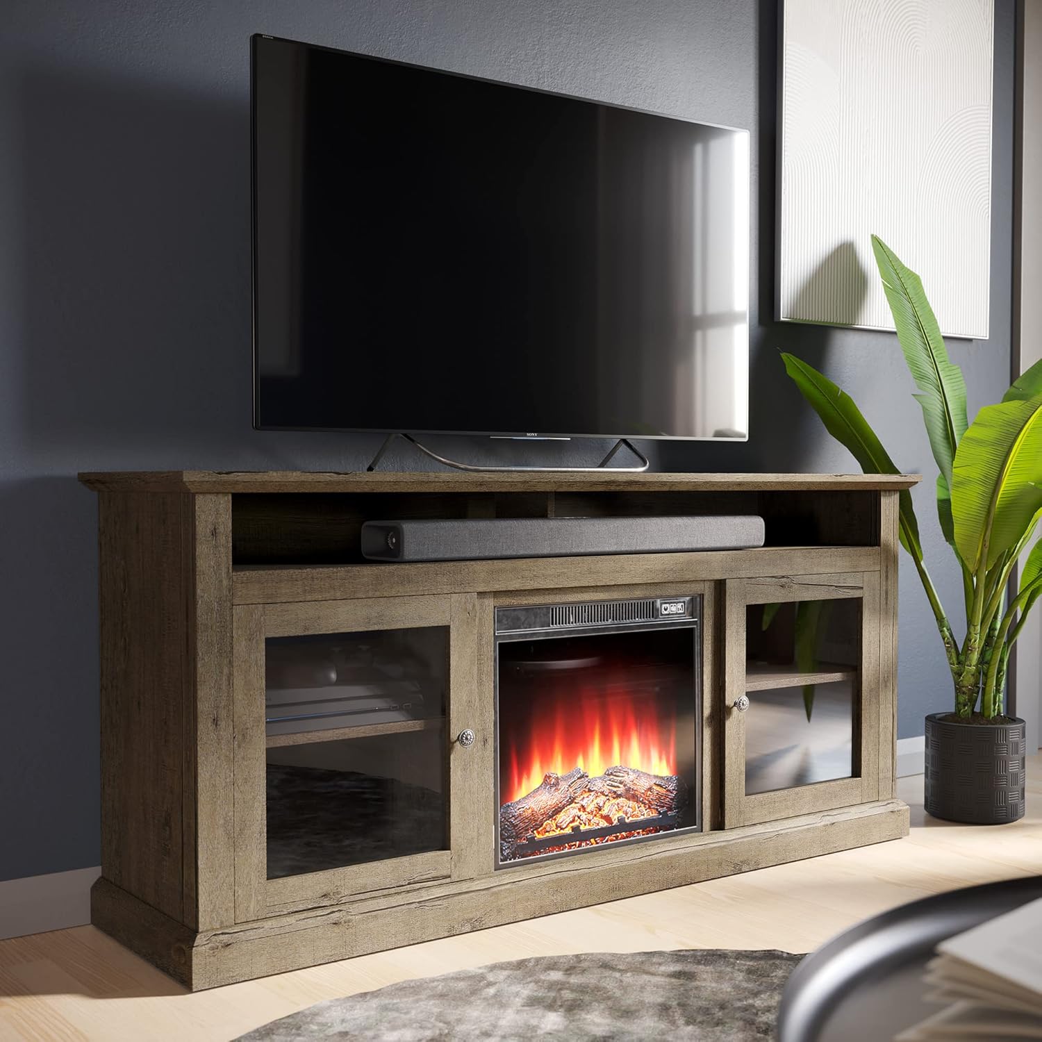 BELLEZE Modern 60 Inch Traditional Electric Fireplace TV Stand & Media Entertainment Center Console Table for TVs up to 65 Inches with Open Storage Shelves & Cabinets - Cayman (Light Gray)