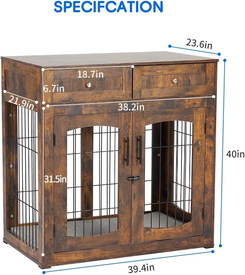 Dog Crate Furniture with Cushion,Wooden Dog Kennels Indoor with 2 Drawers,Dog Furniture Crate End Table with Storage