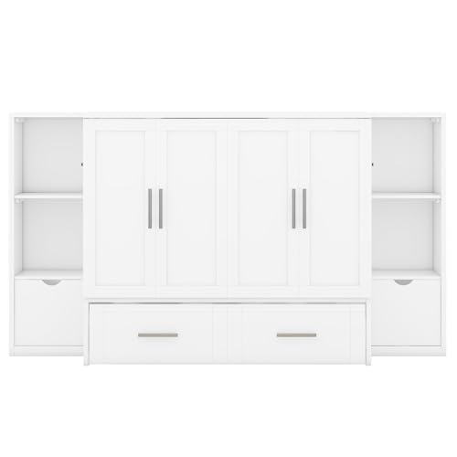 Full Size Murphy Wall Bed With Storage and Bookcase Headboard, Solid Wood Cabinets With Shelves, Drawers and USB Ports, Multi-Function Platform for Home Office, Guest Room - White