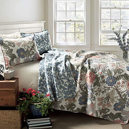 Lush Decor Sydney Reversible Cotton Quilt Neutral 3 Piece Set King - Soft Lightweight Printed Floral Bedding Set for All Season