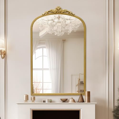 24" x 38" Antique Gold Arch Bathroom Mirror, Traditional Beaded Frame Wall Mirror, Retro Baroque Inspired Decorative Mirror for Vanity Bedroom Entryway Mantel