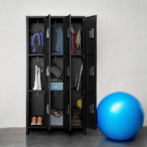 METAN Metal Storage Locker for School Office Gym Bedroom, 12 Doors Locker Cabinet for Employees, Industrial Steel Storage Locker with 12 Hooks, Assembly Required (12 Door-Light Gray)