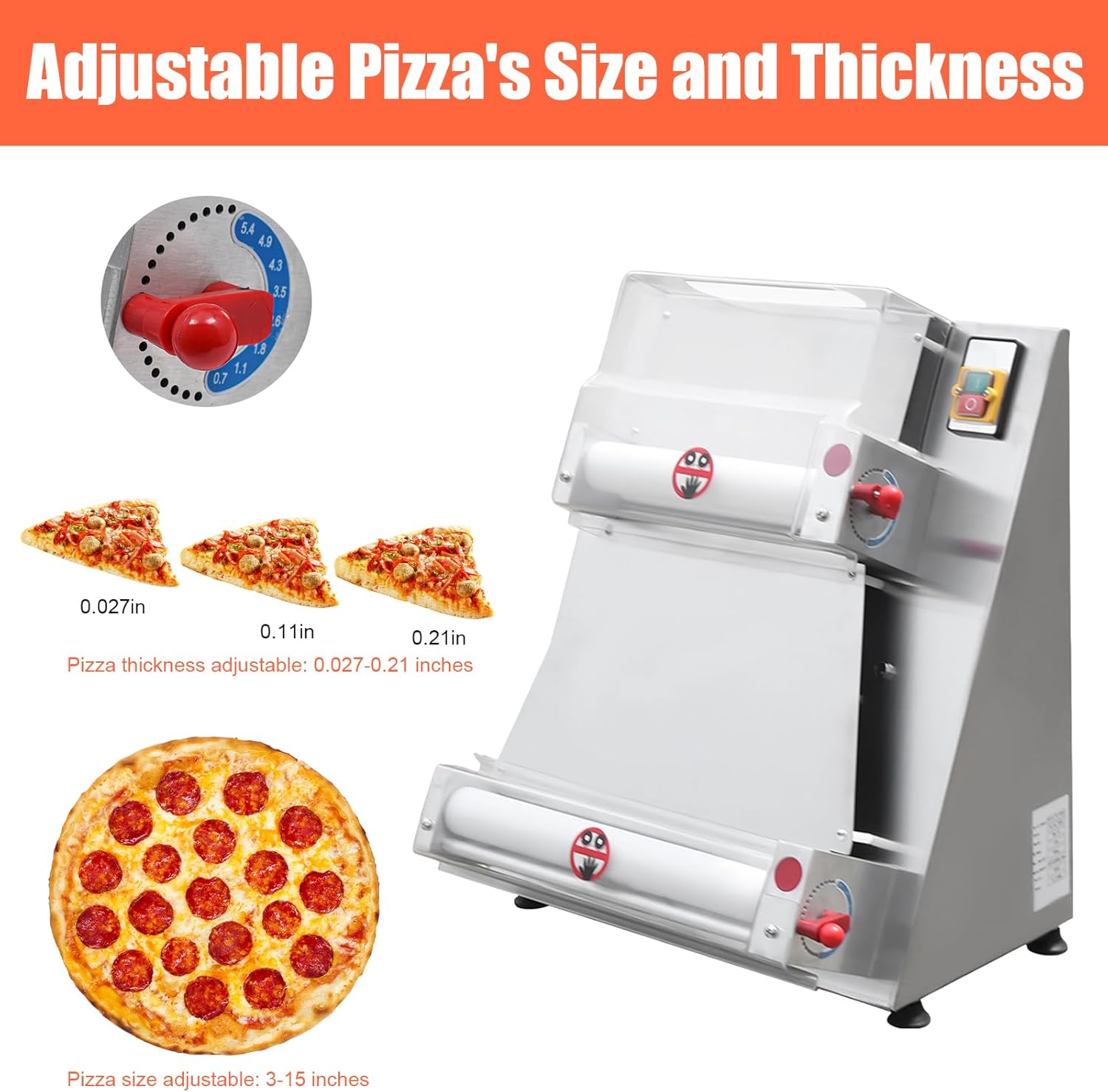 Commercial Dough Roller Sheeter,Adjustable Size 3 to 15 inch Electric Pizza Dough Roller Machine 370W Automatically Pizza Dough Press Machine Suitable for Pizza Bread Tortilla