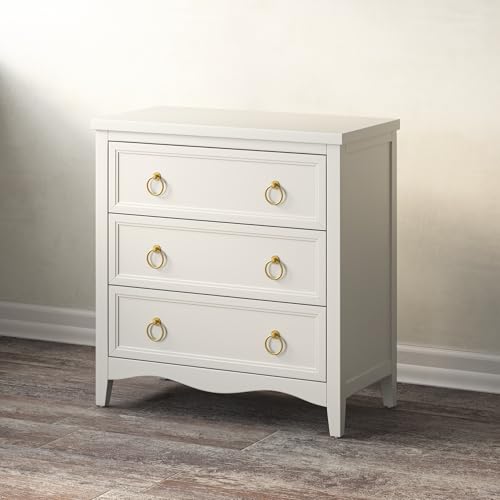 Farmhouse 3-Drawer Dresser, Fully-Assembled French Country Chest of Drawers with Embossed Geometric Lines, Rustic Dresser for Bedroom, Living Room, White