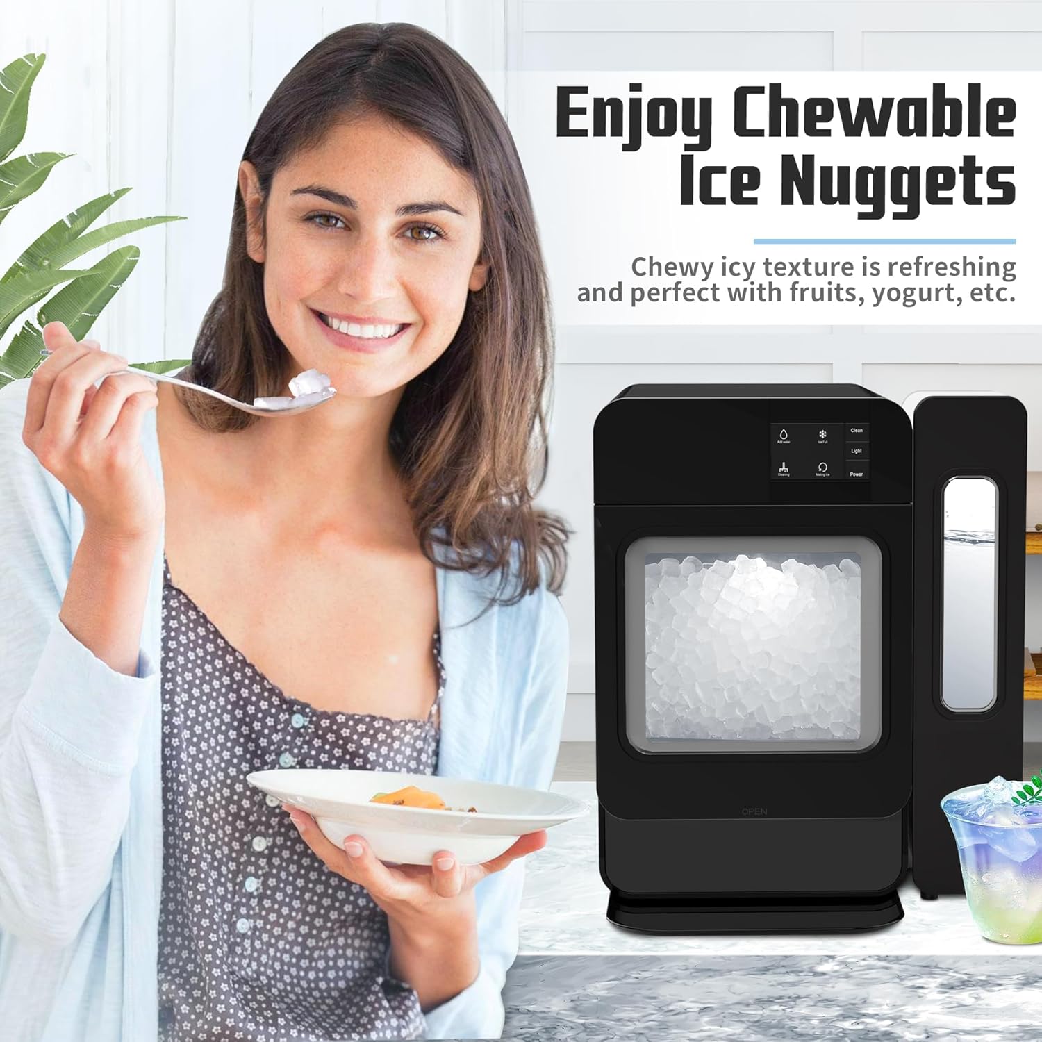 Countertop Nugget Ice Maker, Portable Ice Machine 33 lbs/Day Chewable Ice with Self-Cleaning & Auto Water Refill, Suitable for Home Office Bar Party (Black)