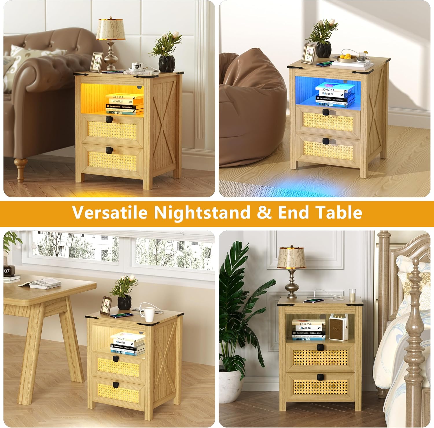 Modern Nightstand Set of 2, Nightstand with Charging Station, LED Night Stand with Rattan Drawers, Side End Table with Human Sensor Light, Bedside Table for Bedroom, Natural Wood (2PCS)