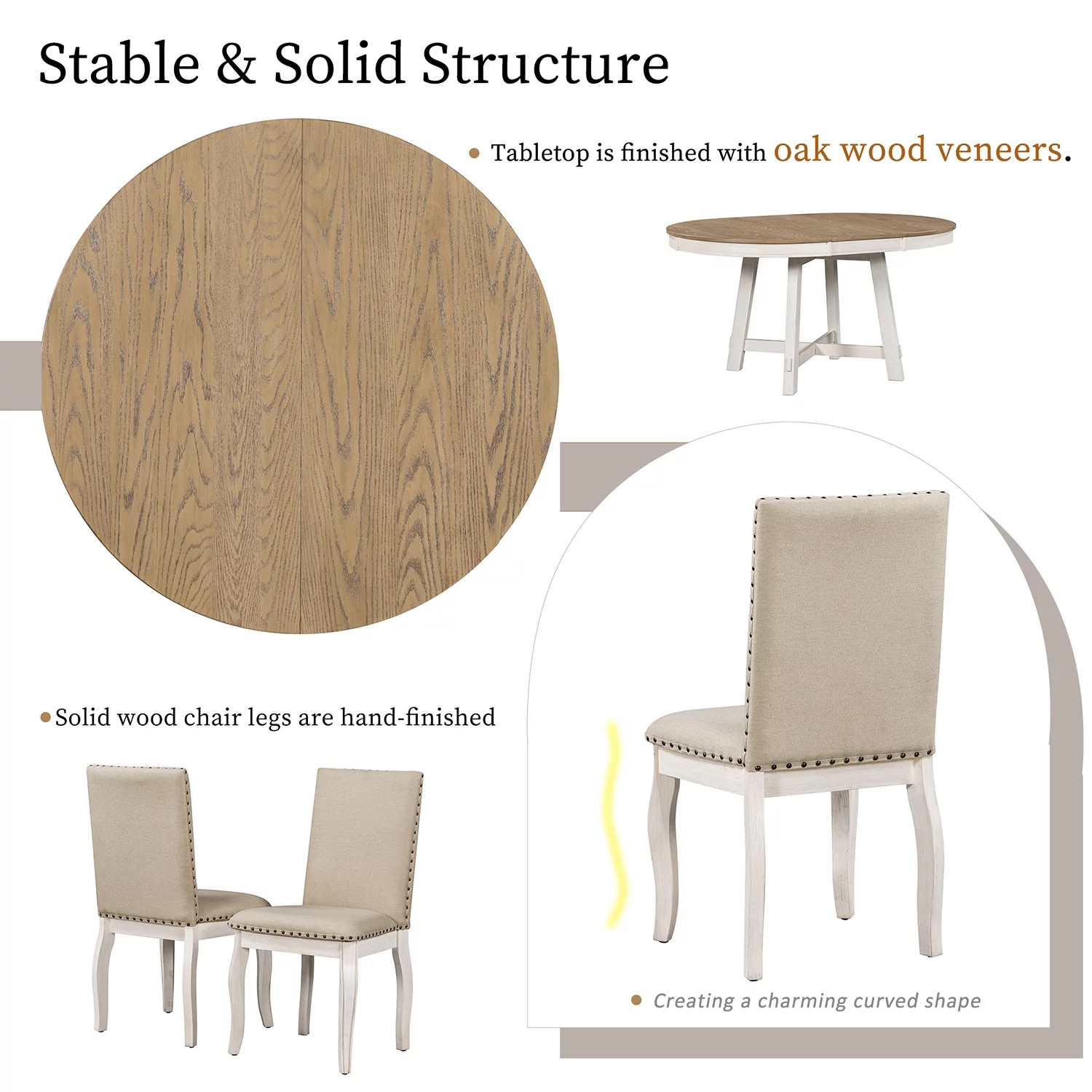 Churanty 5 Piece Farmhouse Dining Table Set Wood Round Extendable Dining Table and 4 Upholstered Dining Chairs,Oak Natural Wood + Antique White