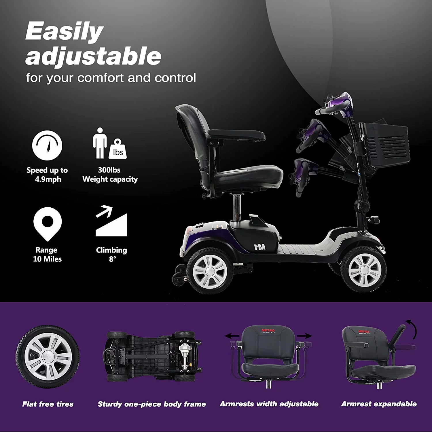 Metro Mobility Elderly Scooter Folding Scooter 4 Wheel Scooter Purple.