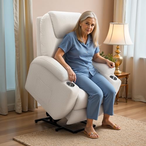 Flamaker Power Lift Recliner Chair PU Leather with Massage for Elderly Ergonomic Lounge Chair Classic Single Sofa with 2 Cup Holders Side Pockets Home Theater Seat (Leather, Light Black)