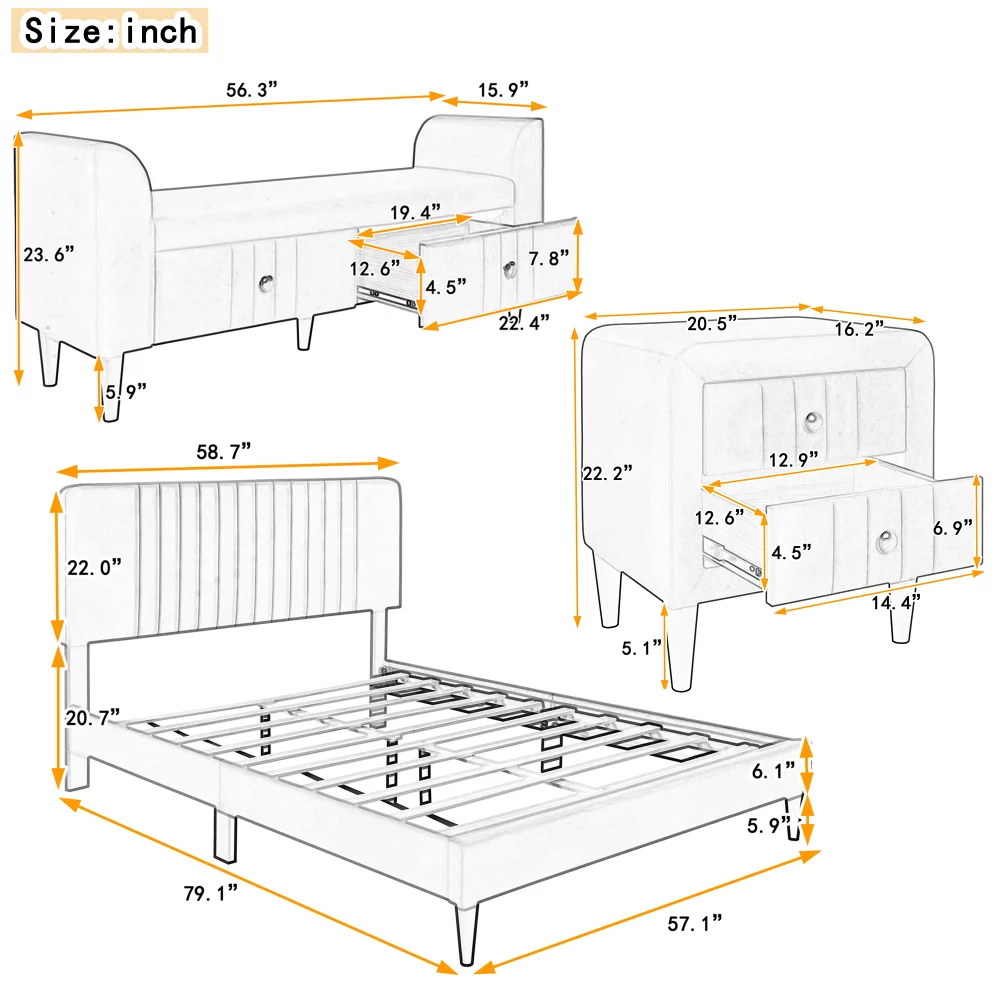 Cosymart 4-Pieces Bedroom Sets Full Size Upholstered Platform Bed With Two Nightstands And Storage Bench-Green