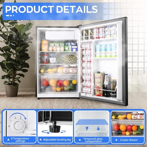 Upstreman 4.5 Cu.Ft Mini Fridge with Freezer, Single Door Small Refrigerator, Adjustable Thermostat, Low noise, Energy-efficient, Compact Refrigerator for Dorm, Office, Bedroom