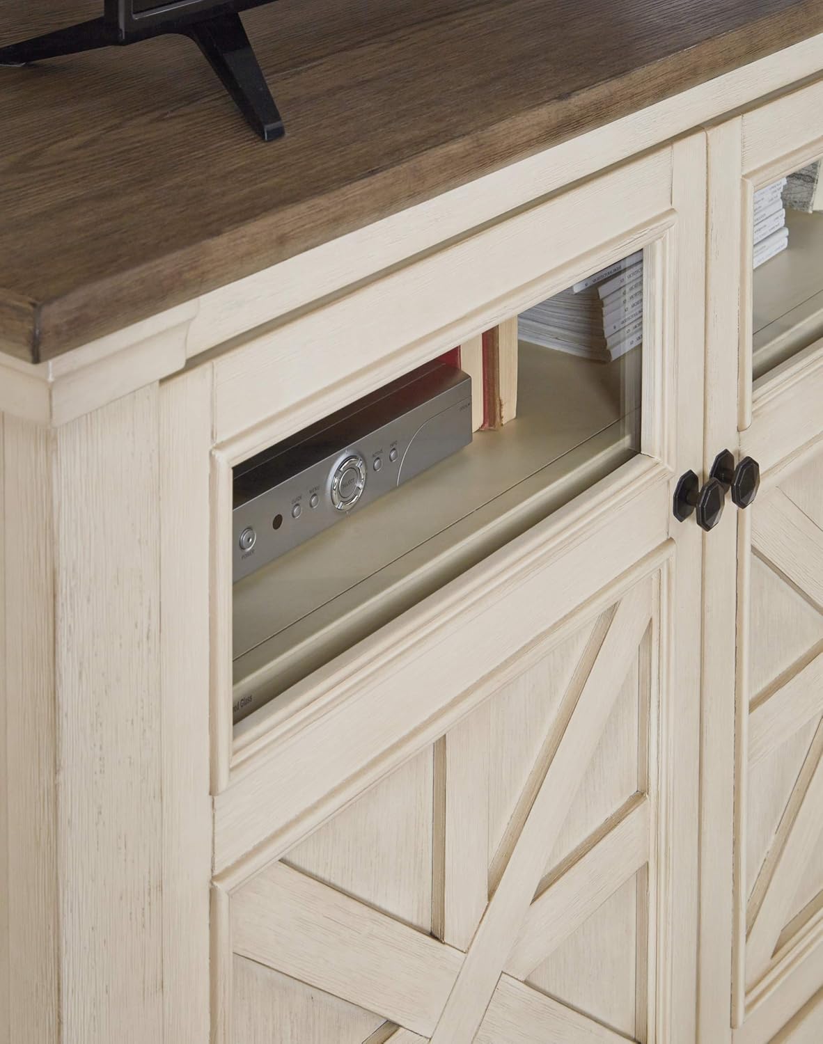 Signature Design by Ashley Bolanburg Two Tone Farmhouse TV Stand, Fits TVs up to 72, 3 Cabinets and Adjustable Storage Shelves, Whitewash