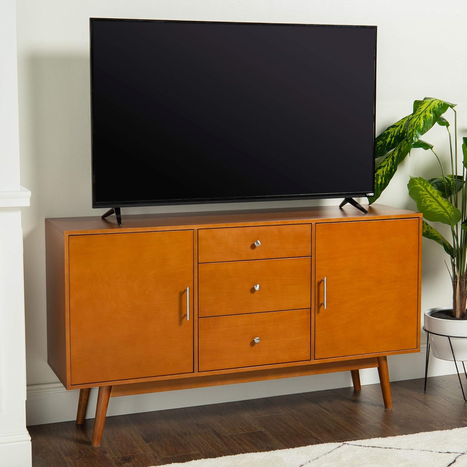 Walker Edison Mid Century Modern-TV Stand Console with 3 Drawers and Closed Cabinet Storage, 60, Walnut