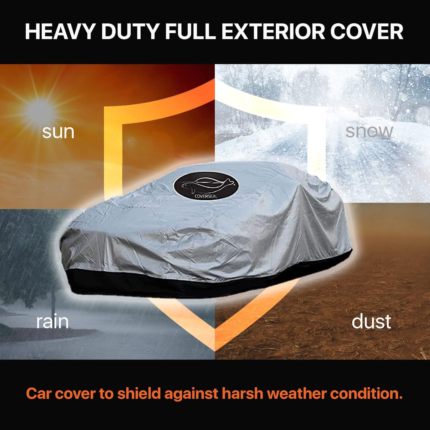 CoverSeal Heavy Duty Outdoor Car Cover with Patented Weighted Ground Conforming Apron Seal - All Weather Waterproof Car Cover for Automobiles - Full Size 230 L x 70-75 W x 73 H inch Max