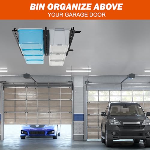 Wallmaster Garage Overhead Storage Rack, Ceiling Bin Organization System With Adjustable Rails, Heavy Duty Metal Overhead Bin Rack Holds Up to 5 Tote Bins (Black)