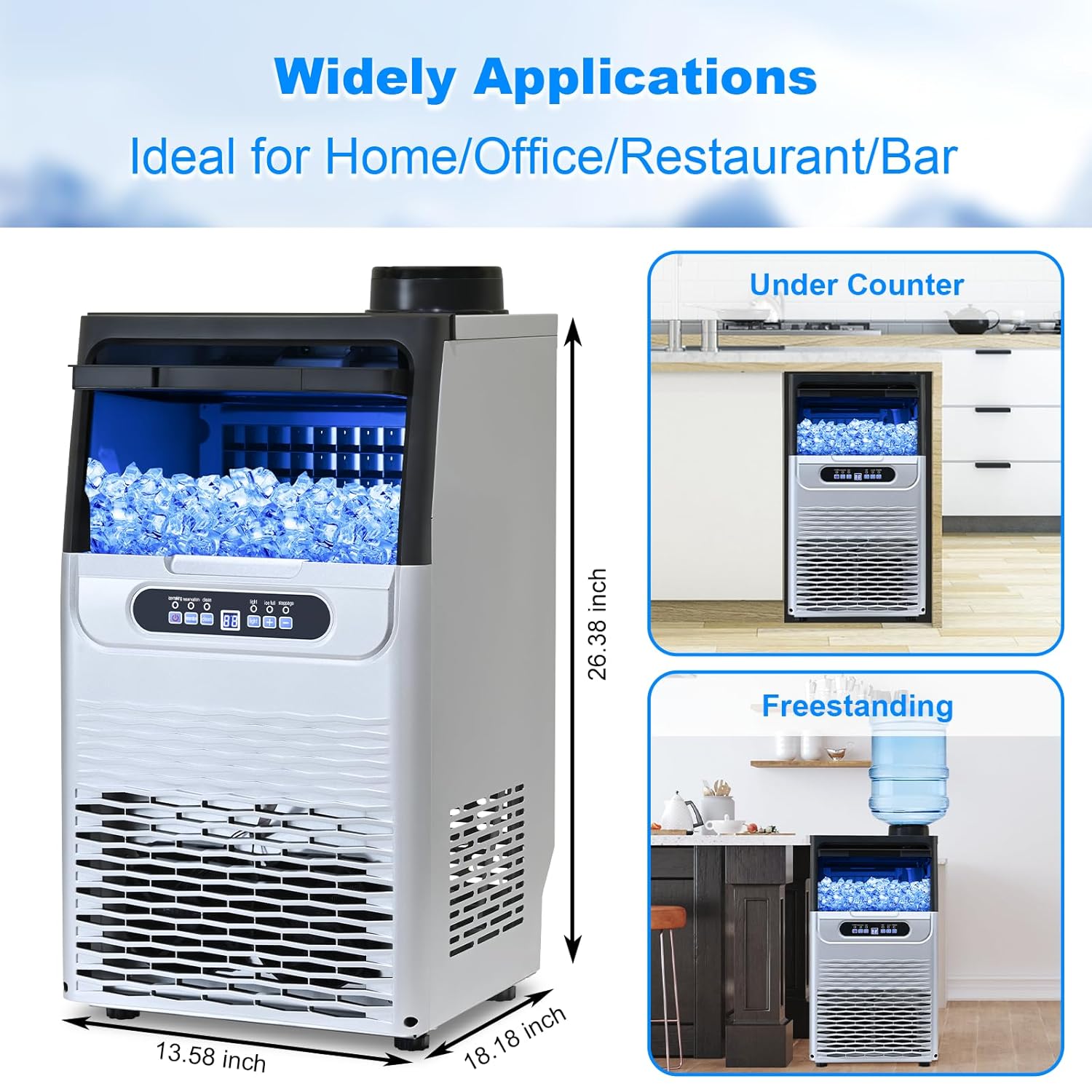 Commercial Ice Maker, 100Lbs/24H Ice Maker Machine, 2 Water Inlet Modes, Ice Maker with 20lbs Storage, Auto Self-Cleaning, Under Counter/Freestanding Ice Maker for Home/Office/Shop/Bar