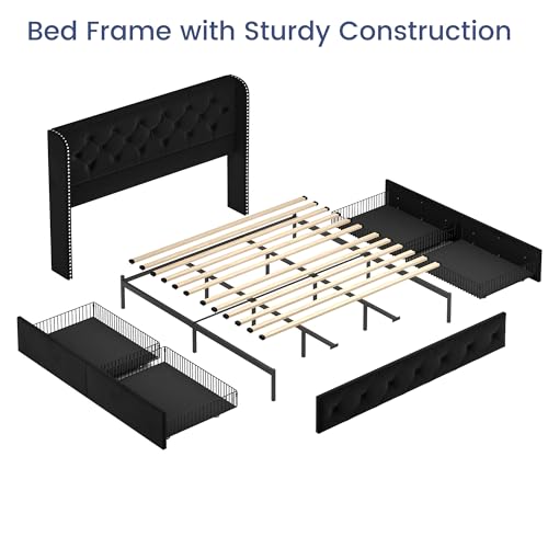 Bed Frame King Size with Storage Drawers and Tufted Headboard, Velvet Upholstered Platform Bed Wingback Bed Frame with Wood Slats, No Box Spring Needed, Black