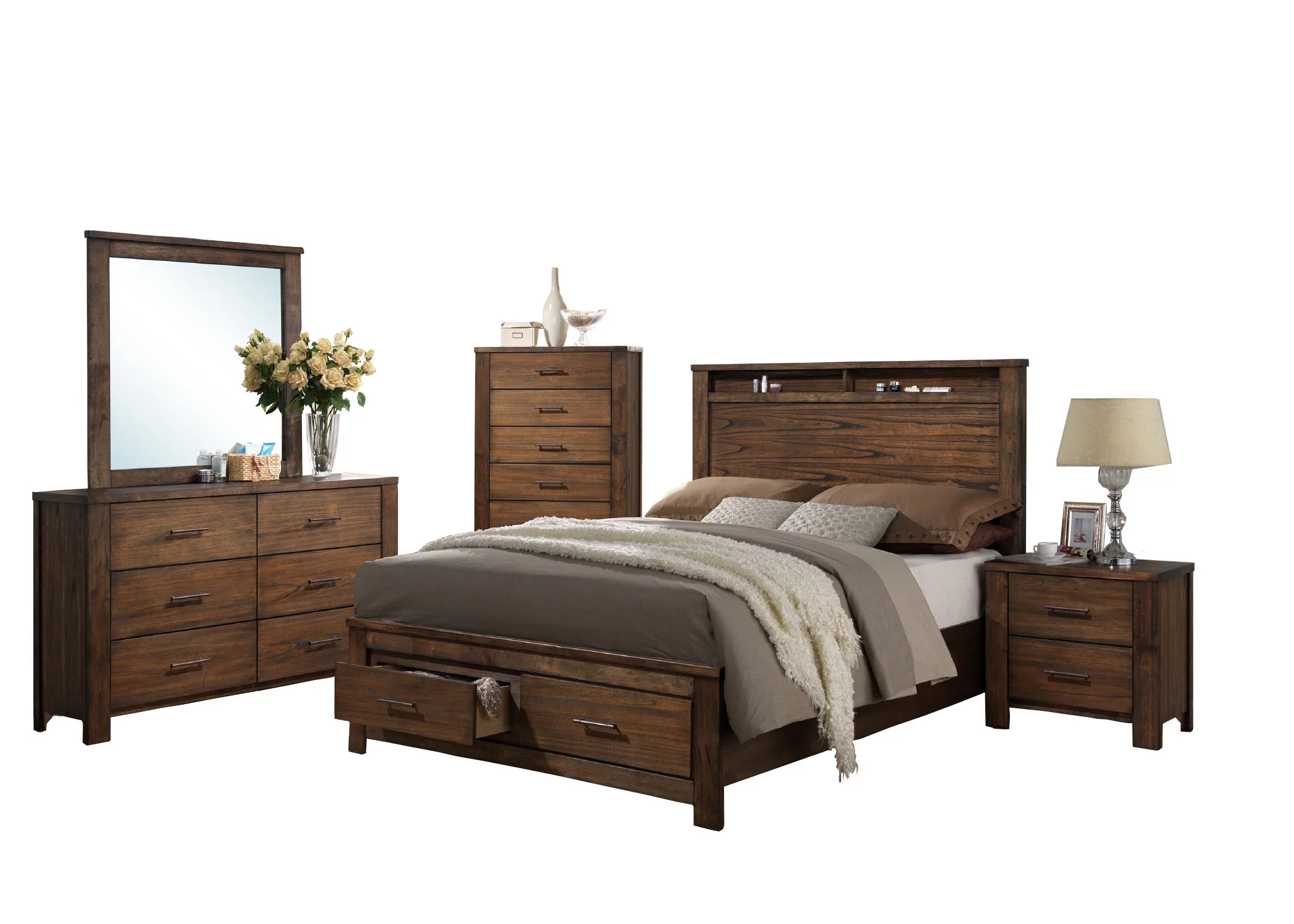 Natural Wood Finish Eastern King Size Bed Contemporary Oak Veneer Storage Drawers FB Shelf HB Bedframe Bedroom Furniture