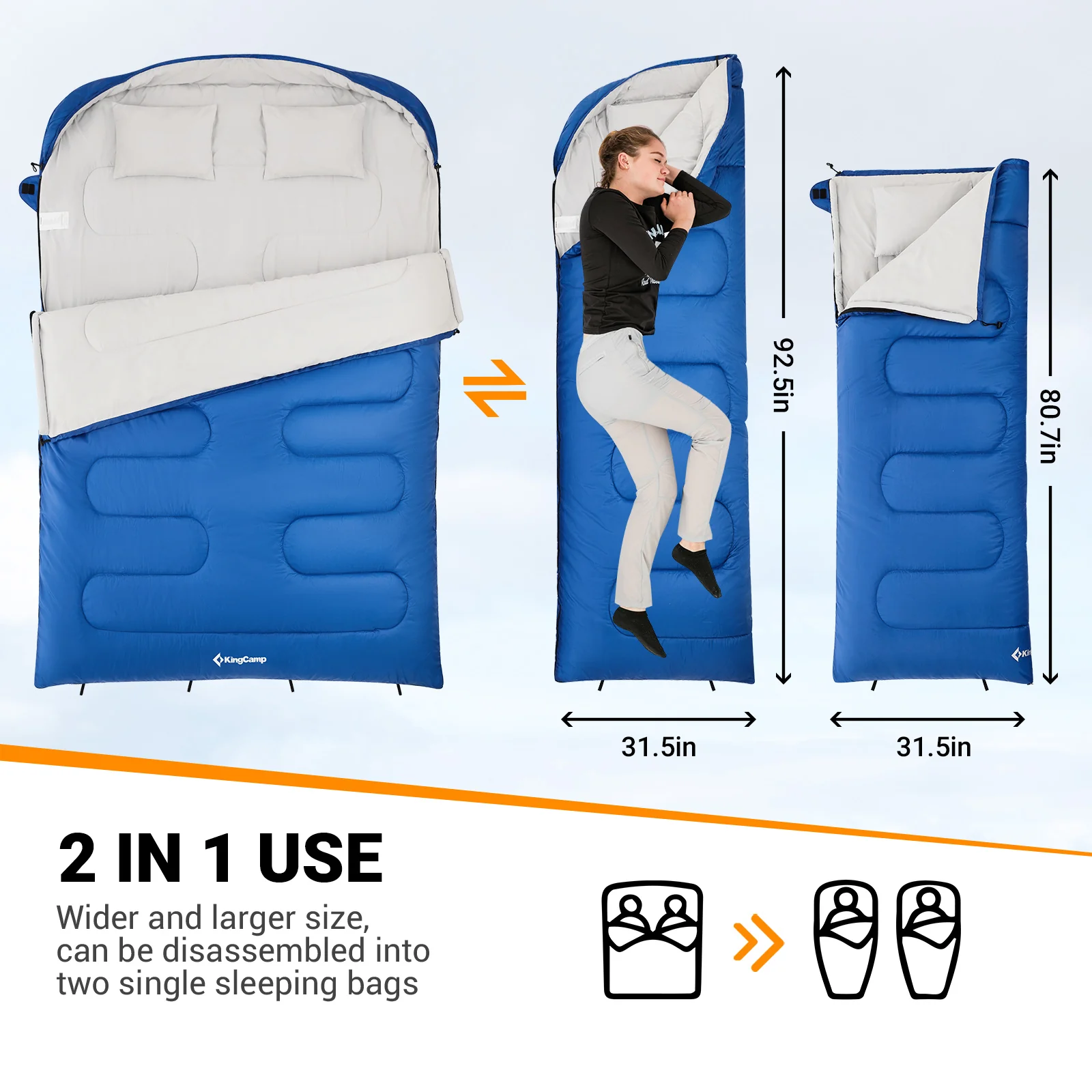 KingCamp Double Sleeping Bag with 2 Pillows for Adult 2 Person 3 Season Camping Sleeping Bag (Blue,6.8℉-41℉)