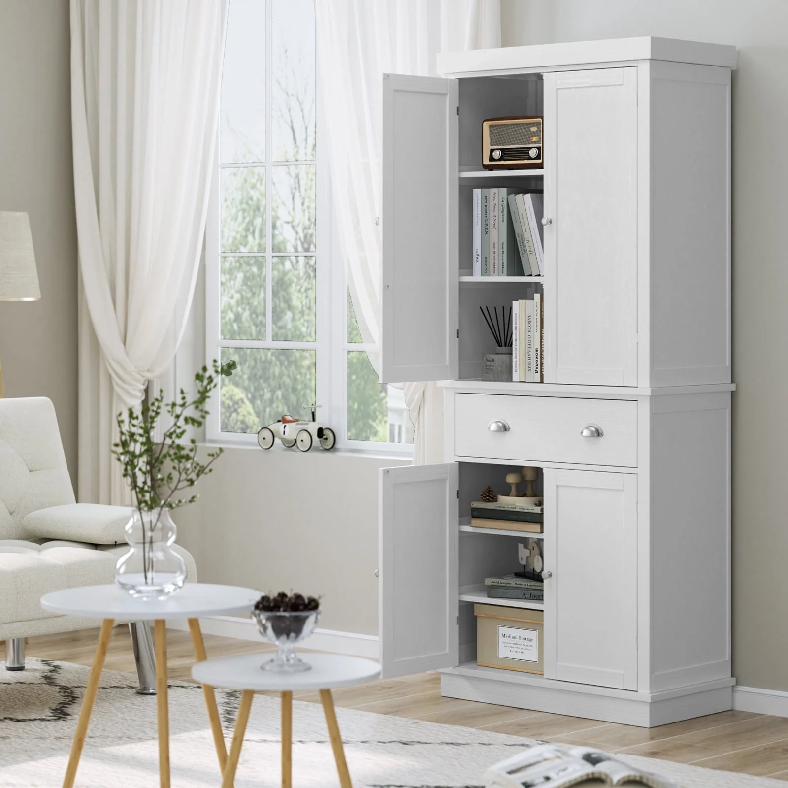 Homfa 72.4'' Tall Kitchen Pantry with 4 Doors, Large Drawer Shelves Wood Storage Cabinet for Dining Room Living Room, White