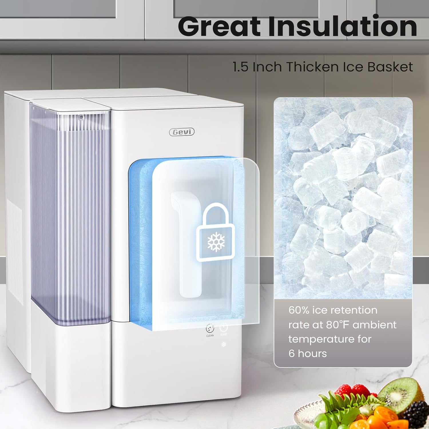 Gevi Adella Nugget Ice Maker Countertop, Chewable Pellet Ice Machine with Portable Ice Basket Large Side Tank Self-Cleaning for Home Kitchen Office Party Mother Gift, White (Adella)