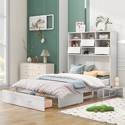 Murphy Bed Queen Size Cabinet BedFrame with Bookcase, Bedside Shelves and a Big Drawer for Bedroom and Guestroom,Office,White
