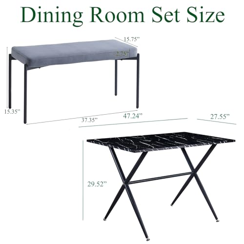 Dining Table Set for 4 Marbled Kitchen Table with 2 Dining Benches, 3 Piece Dining Room Set for Small Space and Apartment Home Kitchen (White and White)