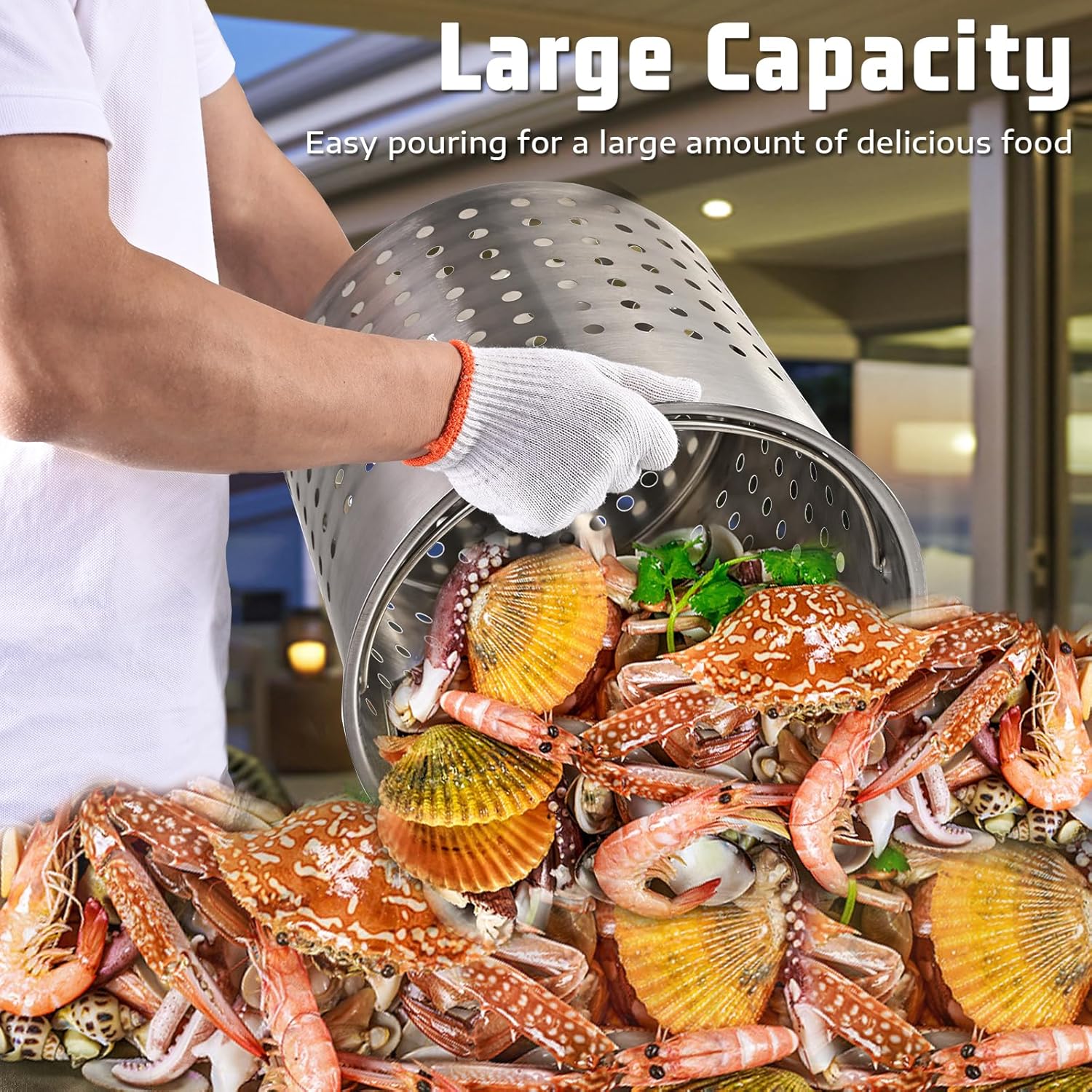 Stainless Steel Cookware Stock pot 44-Quart Outdoor Large Capacity Party Chicken Fish Steamed Seafood Clams Vegetables Multipurpose Stock Pot with Strainer Sturdy Smooth surface Easy to Clean