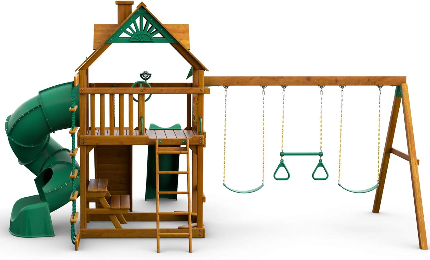 Gorilla Playsets 01-0005-AP Mountaineer Wooden Swing Set with Two Slides & Wood Roof, Brown