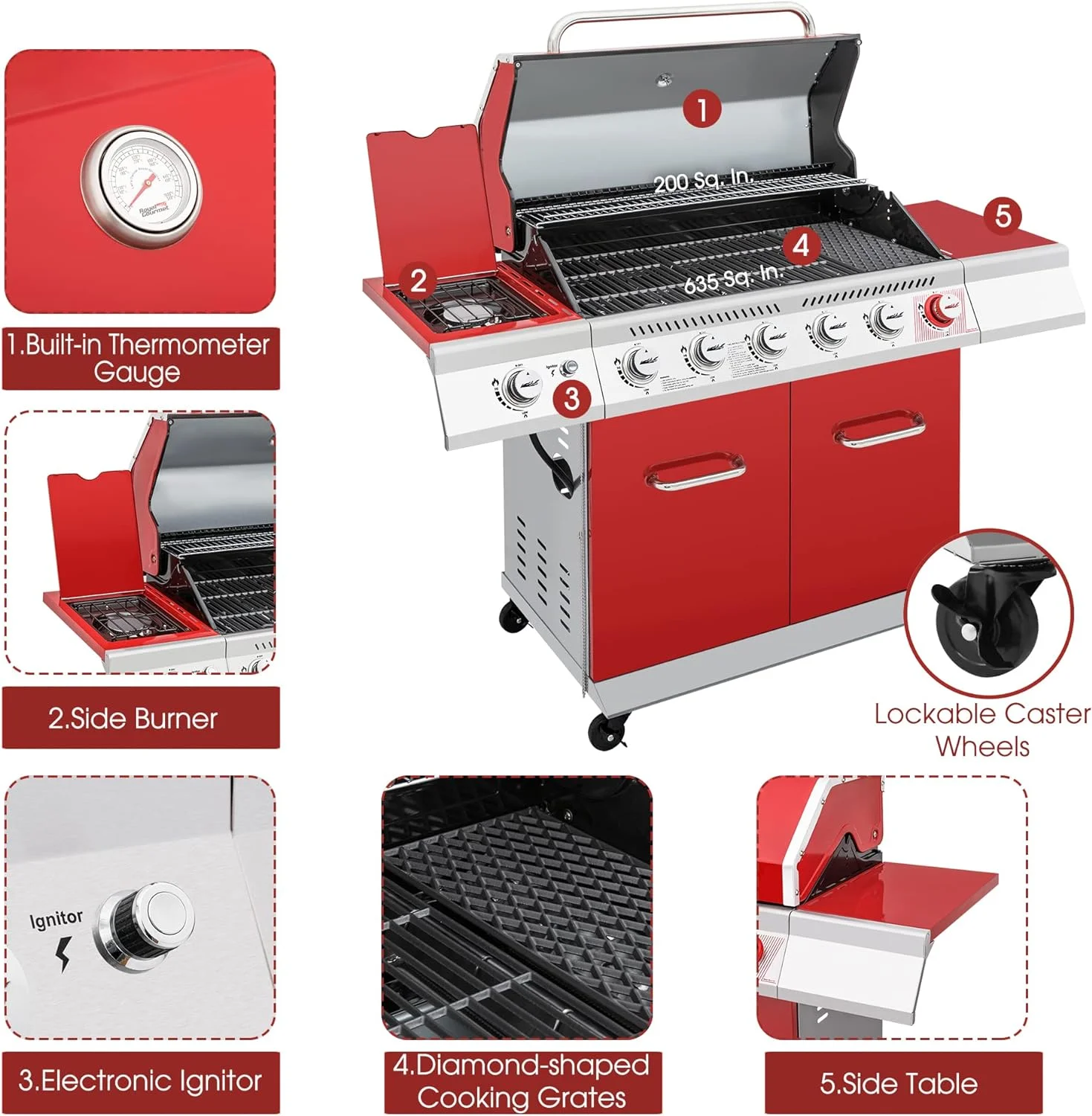Royal Gourmet GA6402R 6-Burner BBQ Gas Grill with Sear Burner and Side Burner