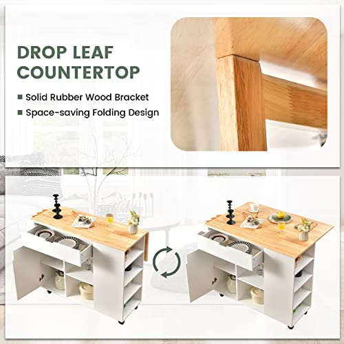 LOKO Kitchen Island with Drop Leaf, Rolling Kitchen Storage Cart with Drawer, Cabinet, 6 Open Shelves, Spice Rack & Towel Bar, Rolling Kitchen Island with Storage & Lockable Wheels (Black)