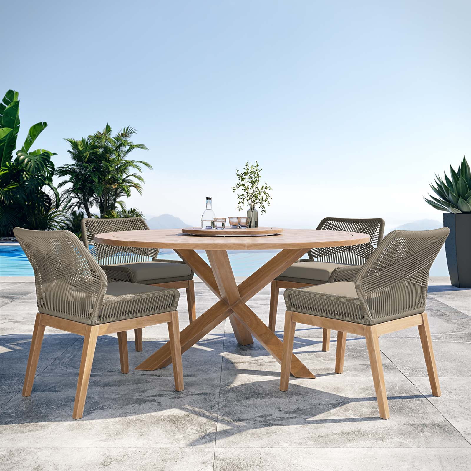 Modway Wellspring 5-Piece Outdoor Patio Teak Wood Dining Set in Light Gray Greige