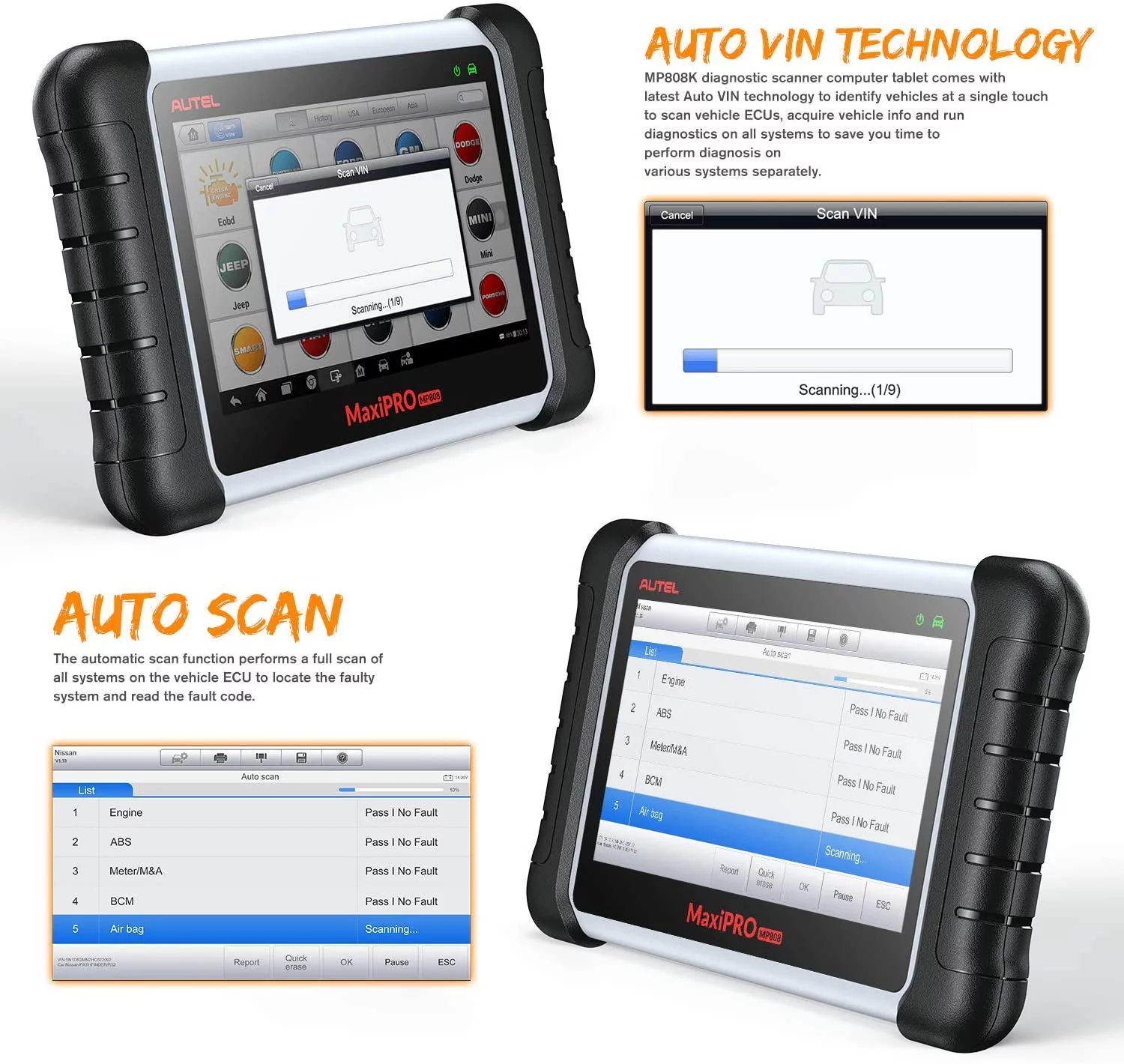 Autel Scanner MaxiPro MP808K Automotive Diagnostic Scan Tool with Bi-Directional Control and Full Set Connector with 2-Year Free Update
