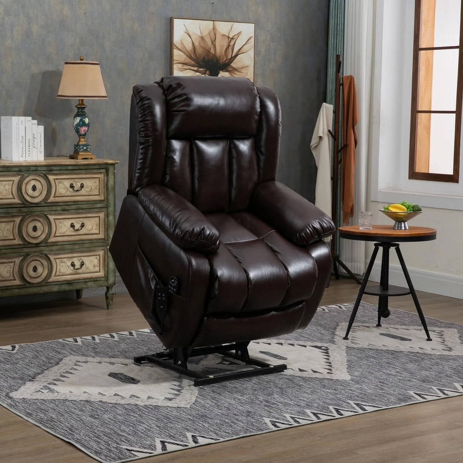 Oversized Dual Motor Lay Flat Power Lift Recliner Chairs for Elderly Adults,Deep Brown Leather Electric Recliners Chair with 8-Point Vibration Massage Lumbar Heating,2 Side Pocket,23" Seat Width