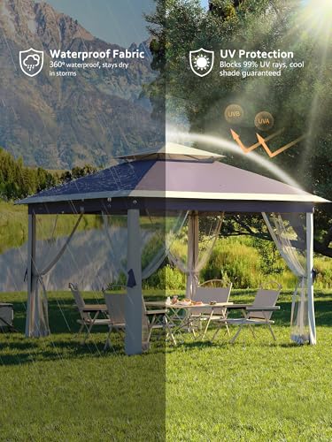 11x11 Pop Up Gazebo Tent with Mosquito Netting, Outdoor Canopy Shelter Easy Setup, Water & UV Resistant - Khaki