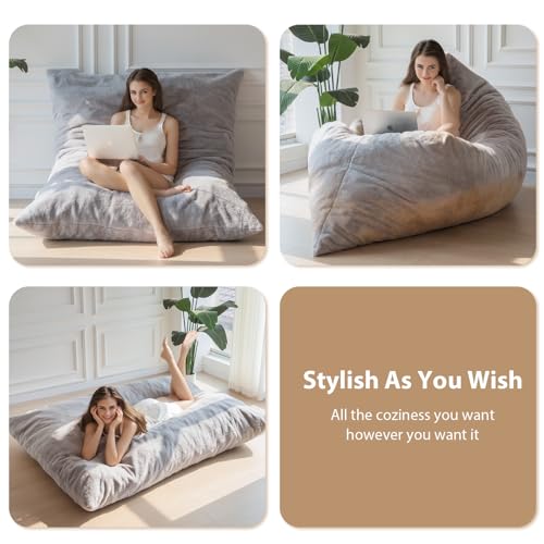 BYBYME 3 in 1 Bean Bag Chairs, Bean Bag Bed for Adults High-Density Foam Filling, Convertible Sofa Bed Faux Fur, Giant Bean Bag Chairs for Adults