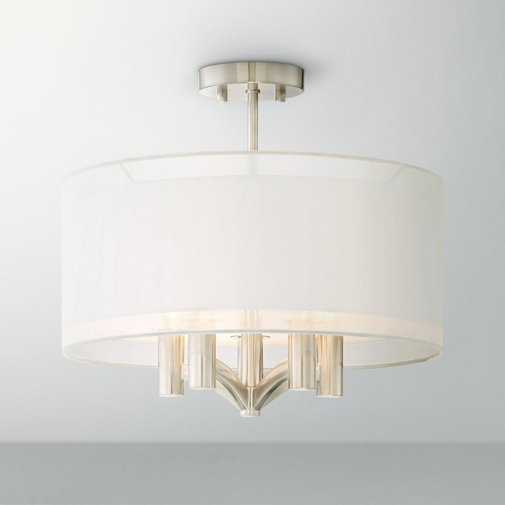 Possini Euro Design Caliari Modern Ceiling Light Semi Flush Mount Fixture Brushed Nickel 18" Wide 5-Light Sheer Silver White Linen Double Drum Shade for Bedroom Kitchen Living Room Hallway Bathroom