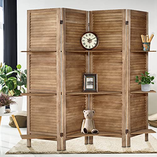 Room Divider with Shelves, Privacy Screen, Room Dividers and Folding Privacy Screens, 5 Panel Wood Temporary Wall Partition Separation Separator, Coconut