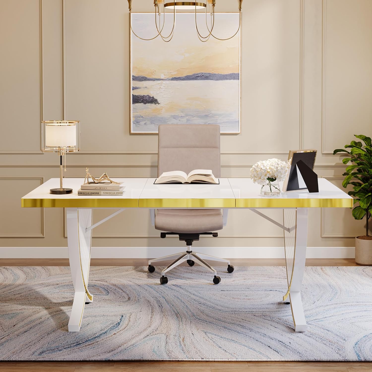Tribesigns 63" Modern Executive Desk, Large Office Desk with Thickened Frame, Glossy Computer Desk Writing Desk Study Table for Home Office, White & Gold