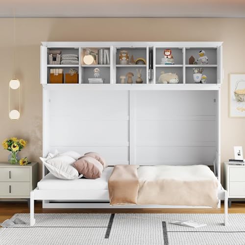 MERITLINE Queen Horizontal Murphy Bed Cabinet with Storage Bookcase Shelves and Charging Station,Wood Folding Grey Murphy Wall Bed for Adult