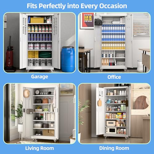 Aobabo Garage Storage Cabinet with Wheels,72" H Metal Storage Cabinet with 2 Doors and 4 Adjustable Shelves for Garage Home, Black,Required-Assembly