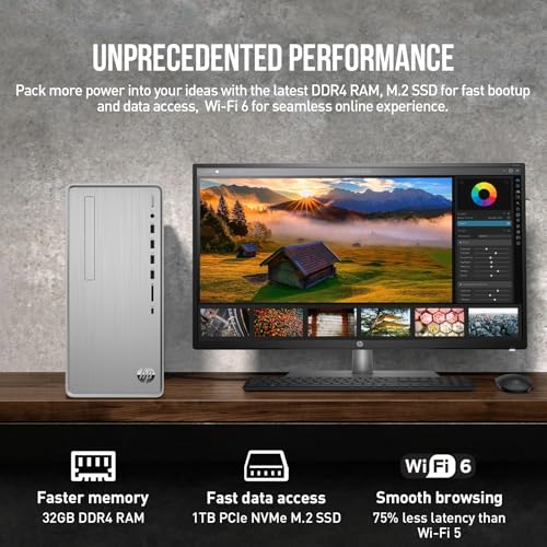HP Desktop Computer Tower PC, AMD Ryzen 5 Pavilion Desktop Tower for Business and Gaming, 32GB RAM 2TB SSD, Lifetime Microsoft Office, Windows 11 Pro, Wi-Fi 6, Ethernet RJ-45, HDMI, USB-C