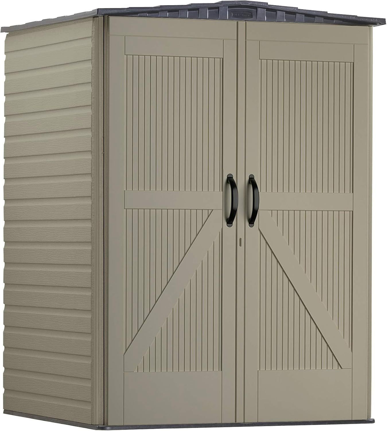 Rubbermaid Large Plastic Vertical Resin Weather Resistant Storage Shed, Bike Shed, Lawn Mover Storage, 5 x 6 Feet, Sandstone