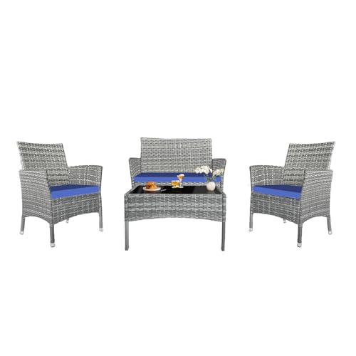 4 piece patio furniture set, Rattan Patio Furniture，Outdoor Wicker Conversation Set with Thick Cushion for Garden, Yard, Porch，Lawn Balcony or Backyard (Dark Coffee Rattan Beige Cushion)