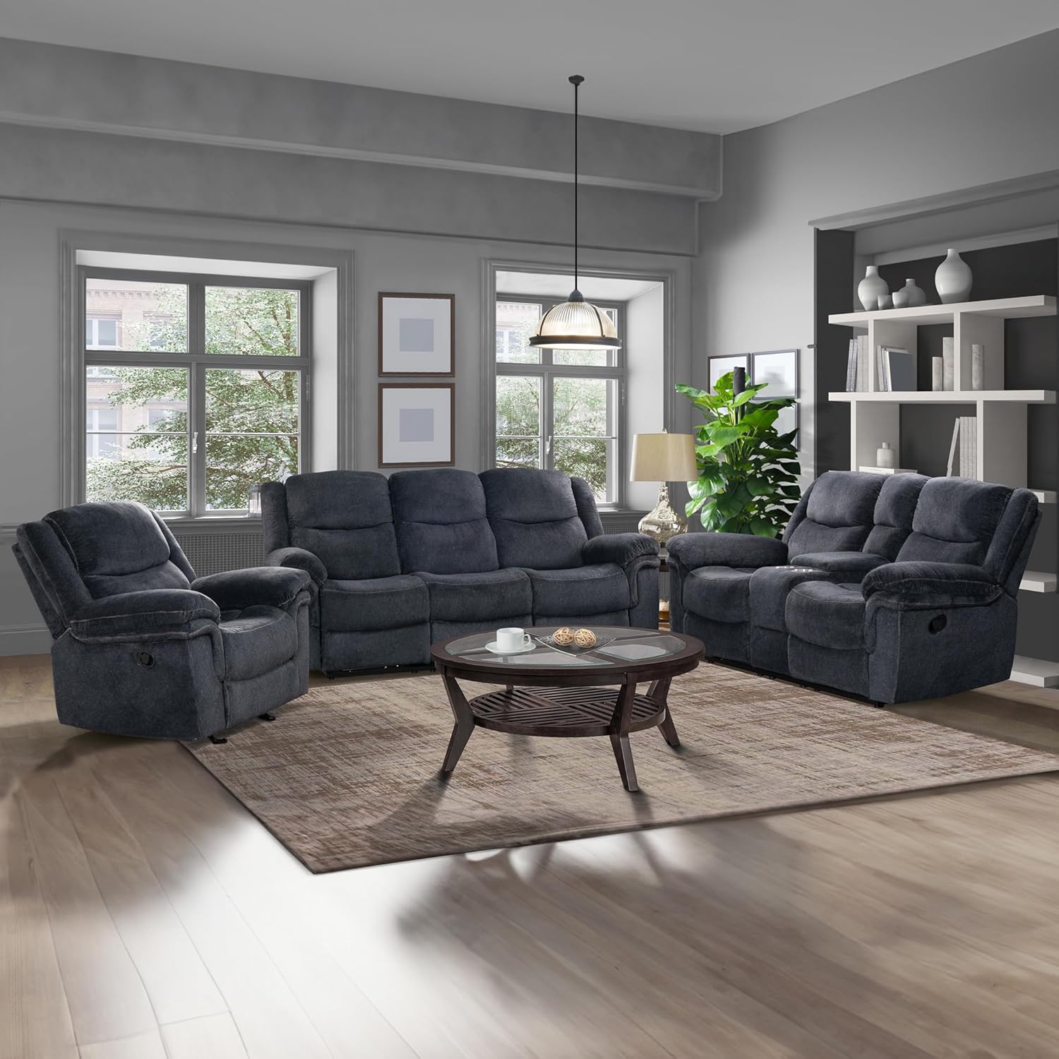 3-Piece Living Room Sets Velvet Recliner Sofa Set Reclining Chairs w/Flipped Middle Backrest,Cup Holders&Hidden Arm Storage for Elderly,Manual Home Theater Seating Lounge w/USB&Sockets for Living Room