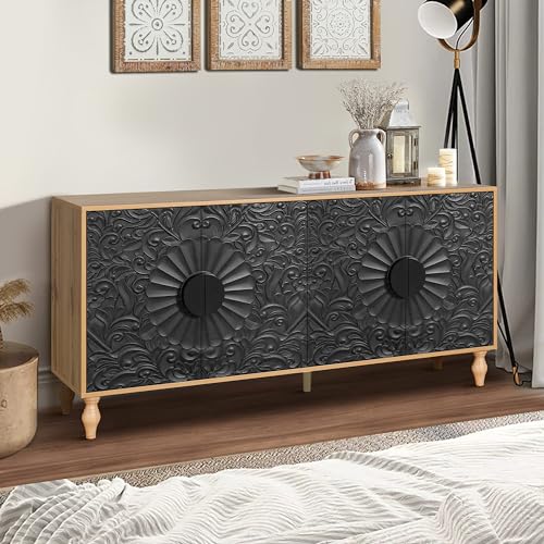 Sideboard Buffet Cabinet with Storage, Large Kitchen Storage Cabinet with Carved Door, Wood Coffee Bar Cabinet Buffet Table Console for Living Room Entryway Dining Room, Black+White