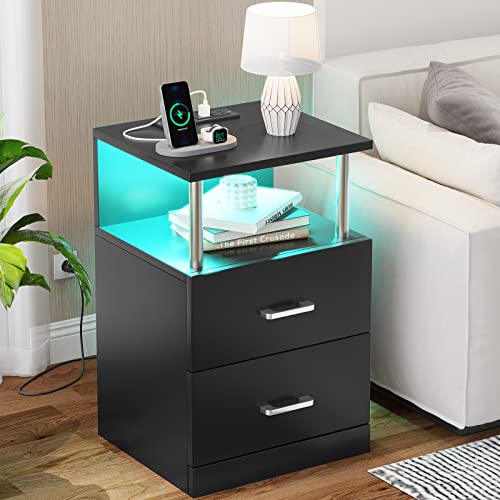 AOGLLATI Nightstand with Charging Station and LED Lights, Nightstands Set of 2, Bedside Table with Open Storage and 2 Drawers, 2 USB Ports, 2 Outlets, Modern End Side Table for Bedroom, White