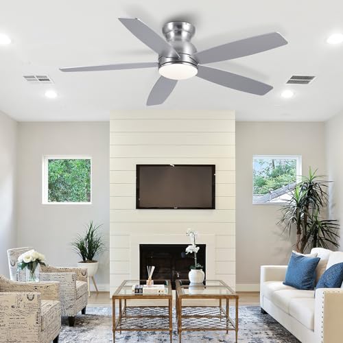 52 Inch Low Profile Ceiling Fans with Lights, Black Flush Mount Ceiling Fan and Remote, 3 Color LED Dimmable DC Reversible Modern Ceiling Fan for Living Room, Bedroom, Dining Room.